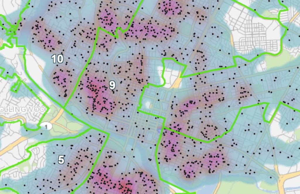 Find Board of Adjustment Cases and see heat maps showing their concentrations. Use a filter to see cases within certain date ranges.